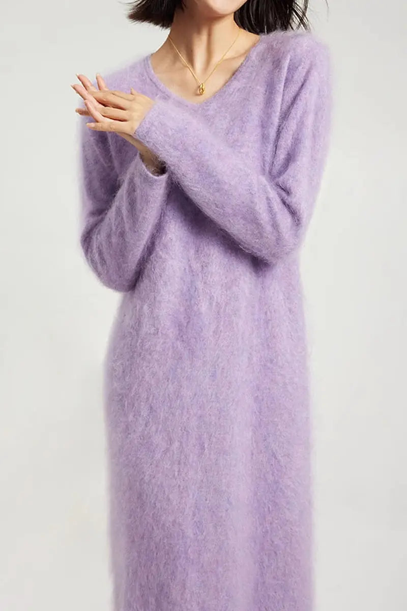 Classic Brushed Cashmere V-Neck Long Sleeve Sweater Dress