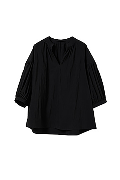 Collarless V Neck T Shirt with Pleated Sleeves