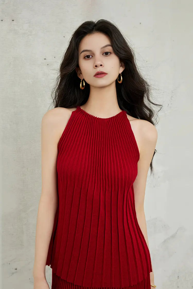 Cotton Blend Sleeveless Accordion Pleated Knit Top
