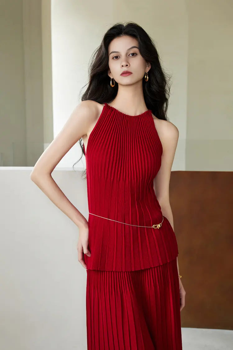 Cotton Blend Sleeveless Accordion Pleated Knit Top