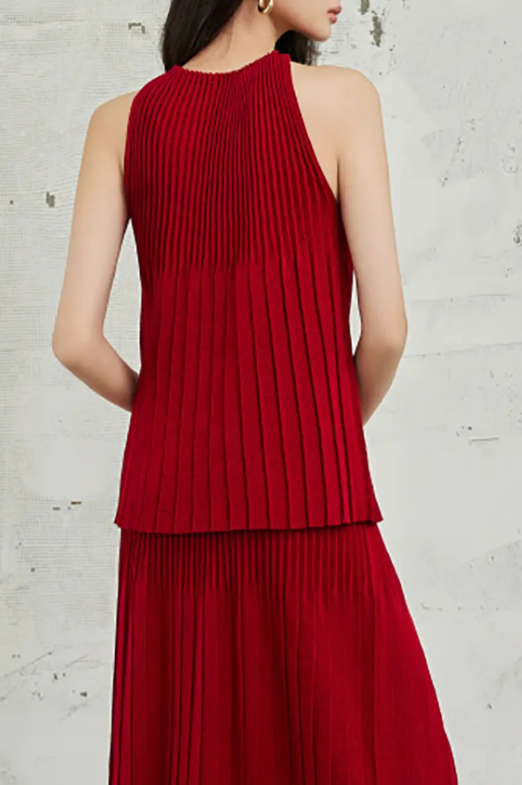 Cotton Blend Sleeveless Accordion Pleated Knit Top