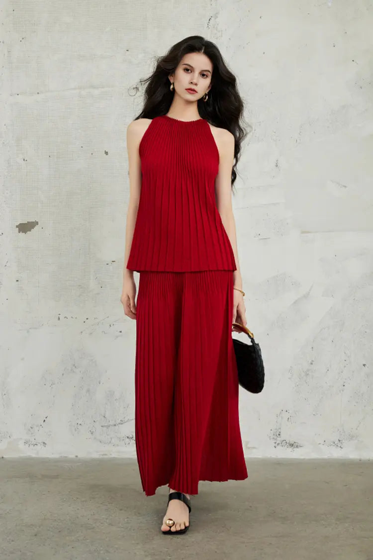 Cotton Blend Sleeveless Accordion Pleated Knit Top