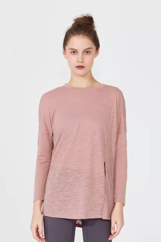 Crewneck Long Sleeve Shirt with Side Slit