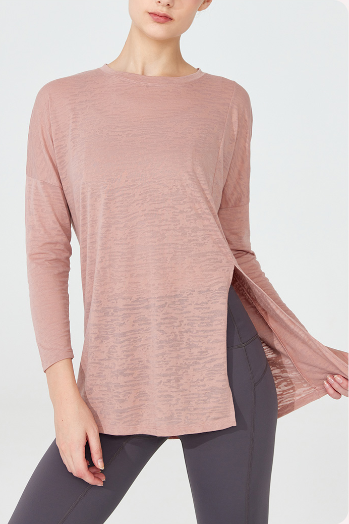 Crewneck Long Sleeve Shirt with Side Slit