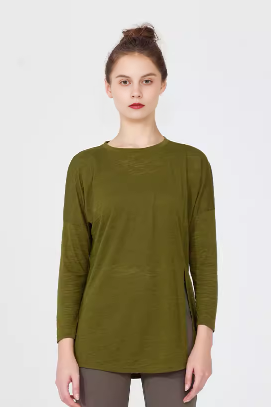 Crewneck Long Sleeve Shirt with Side Slit