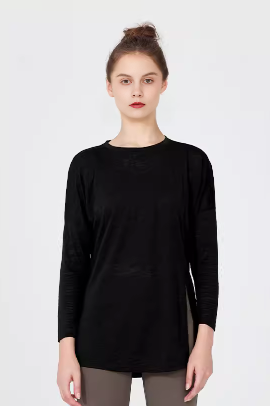 Crewneck Long Sleeve Shirt with Side Slit