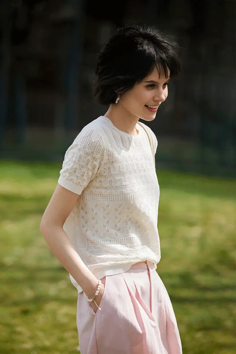 Crochet Pointelle Silk-Linen T-Shirt