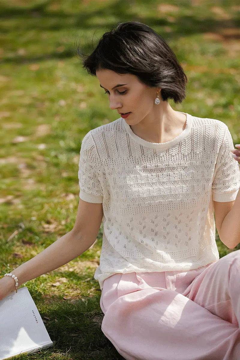 Crochet Pointelle Silk-Linen T-Shirt