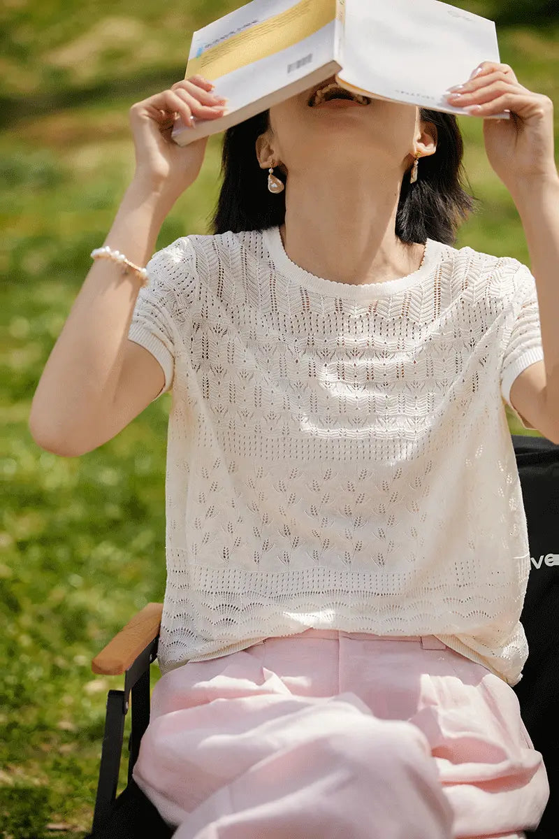 Crochet Pointelle Silk-Linen T-Shirt