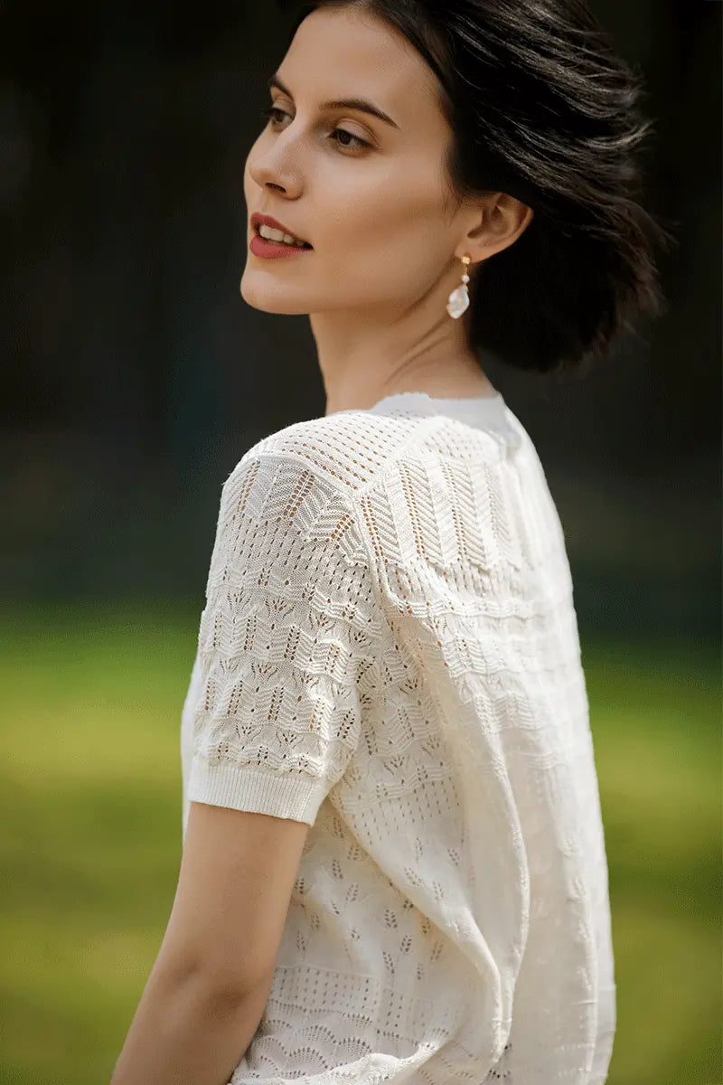 Crochet Pointelle Silk-Linen T-Shirt