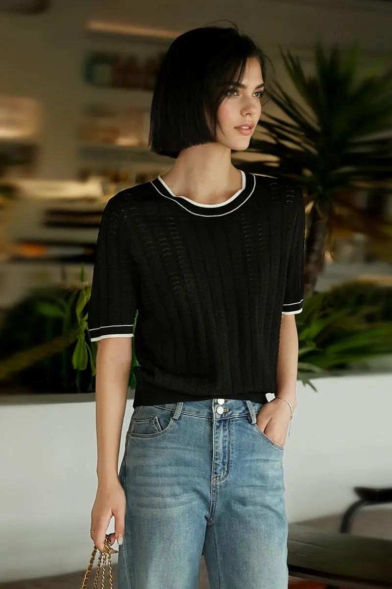 Crochet Pointelle Stretch T-Shirt
