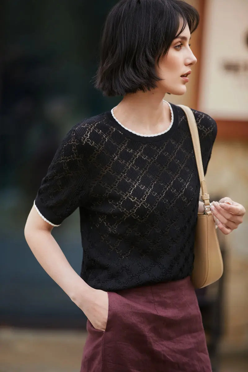 Crochet Silk-Blend Pointelle T-Shirt