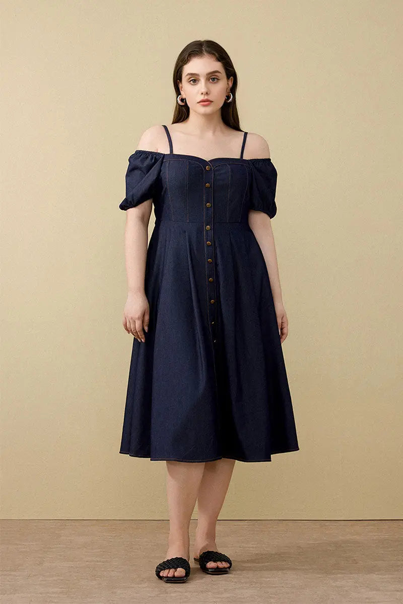 Denim-Inspired Off-Shoulder A-Line Midi Dress with Decorative Buttons