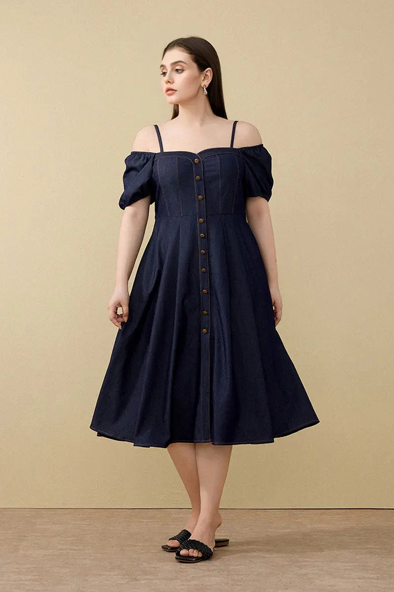 Denim-Inspired Off-Shoulder A-Line Midi Dress with Decorative Buttons