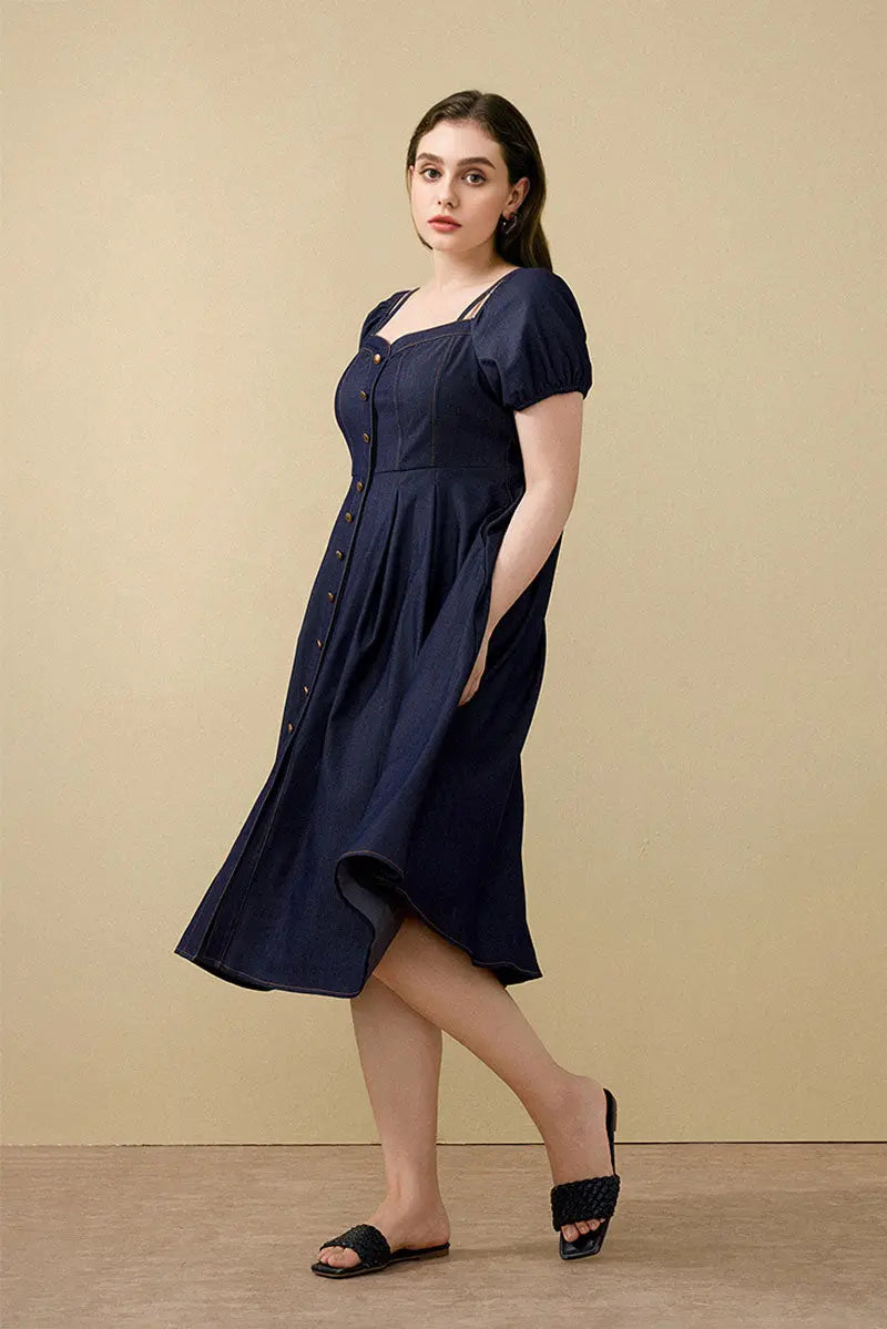 Denim-Inspired Off-Shoulder A-Line Midi Dress with Decorative Buttons