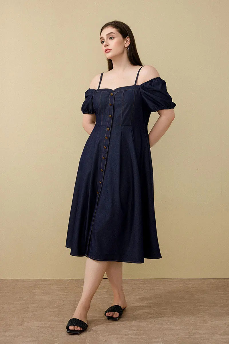 Denim-Inspired Off-Shoulder A-Line Midi Dress with Decorative Buttons