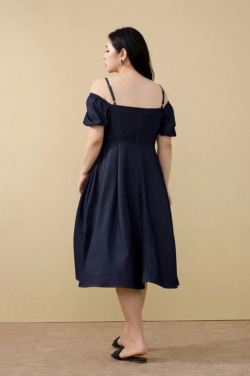Denim-Inspired Off-Shoulder A-Line Midi Dress with Decorative Buttons