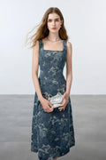 Denim Jacquard Square-Neck A-Line Midi Dress