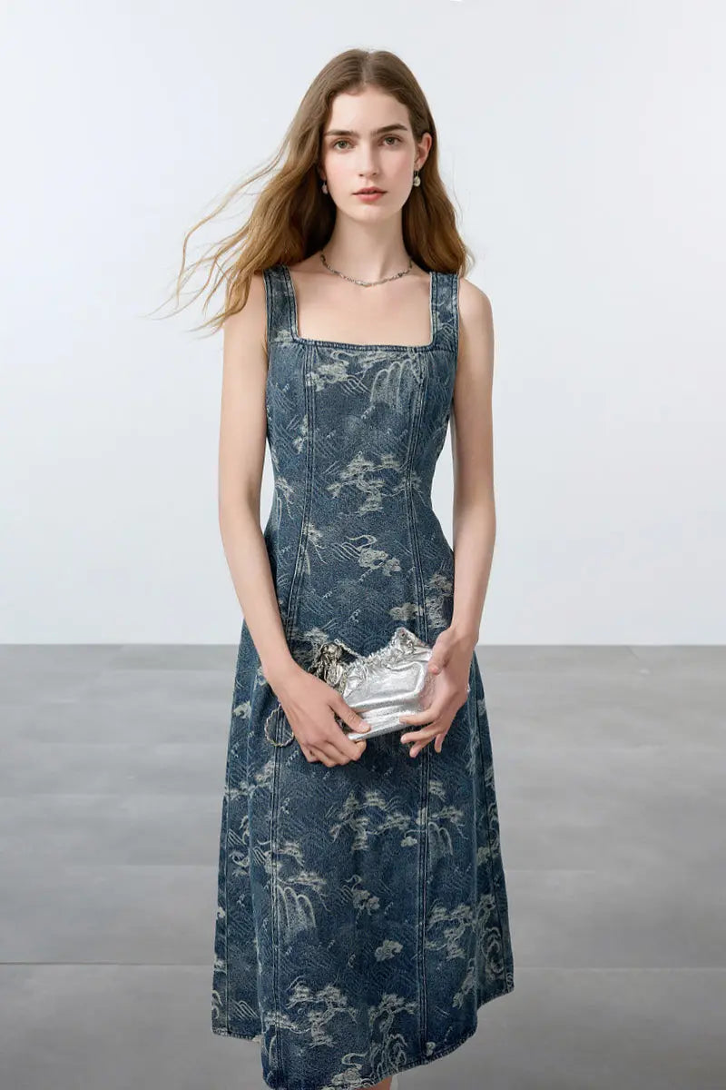 Denim Jacquard Square-Neck A-Line Midi Dress