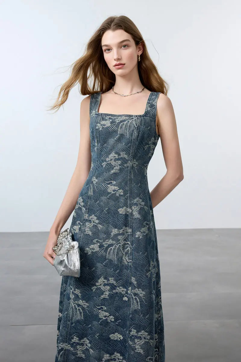 Denim Jacquard Square-Neck A-Line Midi Dress