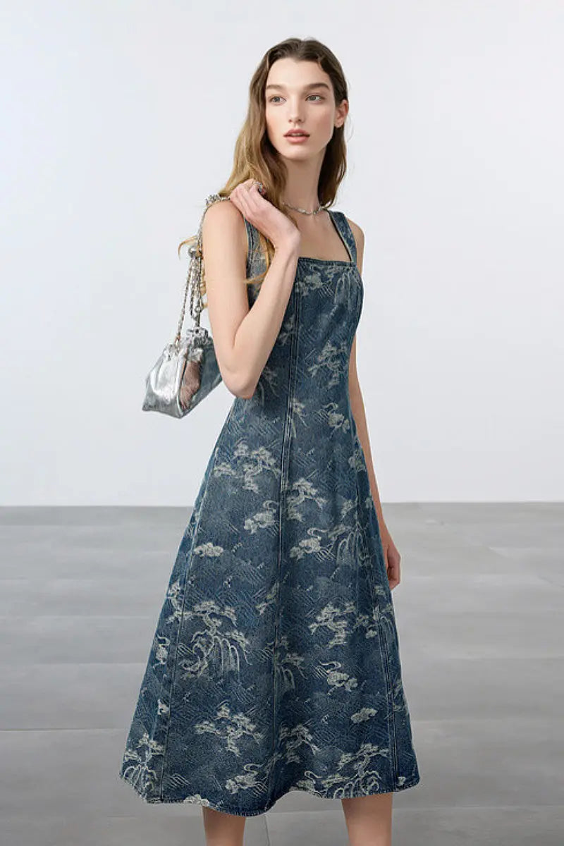 Denim Jacquard Square-Neck A-Line Midi Dress