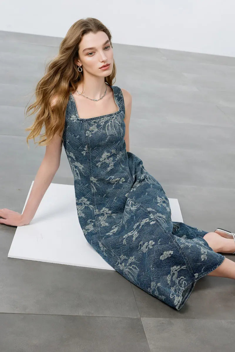 Denim Jacquard Square-Neck A-Line Midi Dress