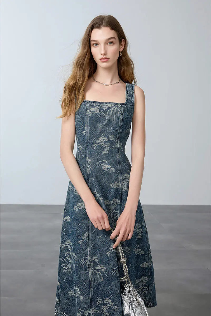Denim Jacquard Square-Neck A-Line Midi Dress