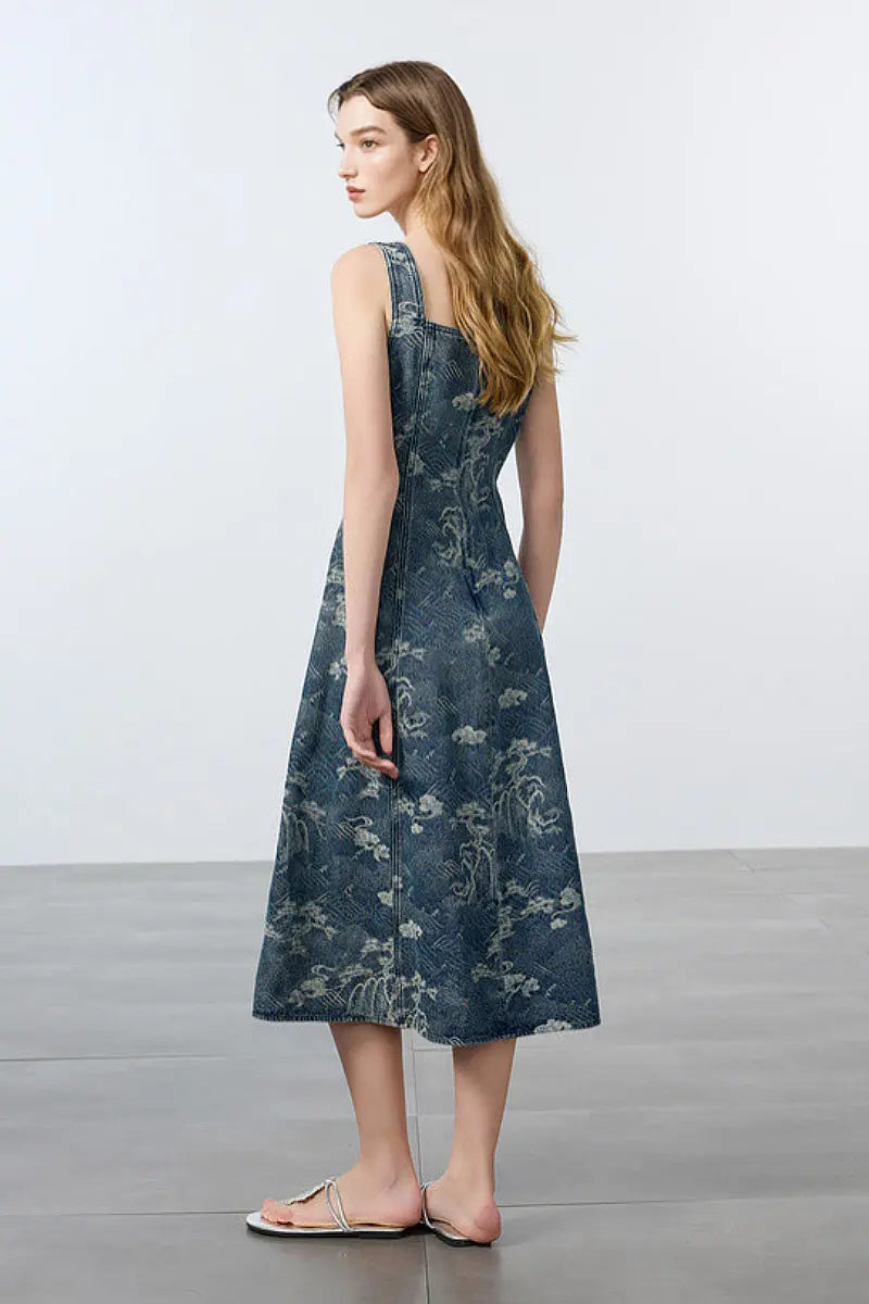 Denim Jacquard Square-Neck A-Line Midi Dress