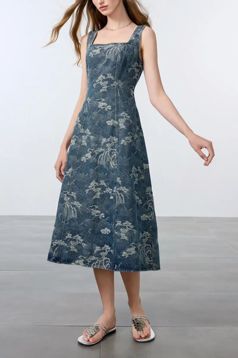 Denim Jacquard Square-Neck A-Line Midi Dress