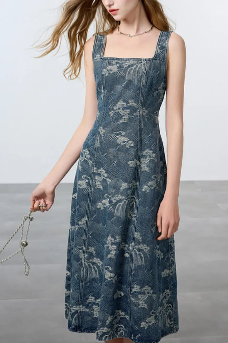 Denim Jacquard Square-Neck A-Line Midi Dress