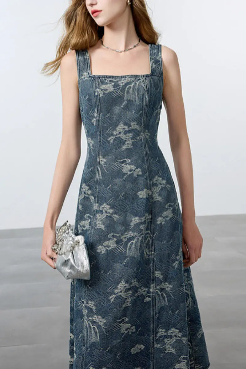 Denim Jacquard Square-Neck A-Line Midi Dress