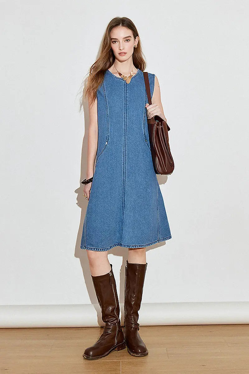Denim Sleeveless Shift Midi Dress with Pockets