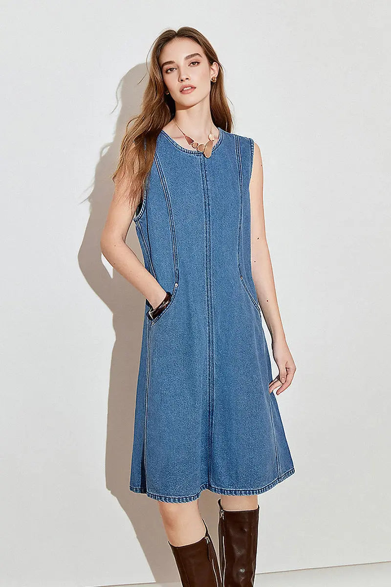 Denim Sleeveless Shift Midi Dress with Pockets