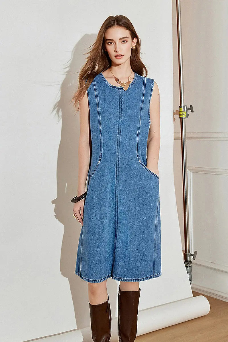 Denim Sleeveless Shift Midi Dress with Pockets