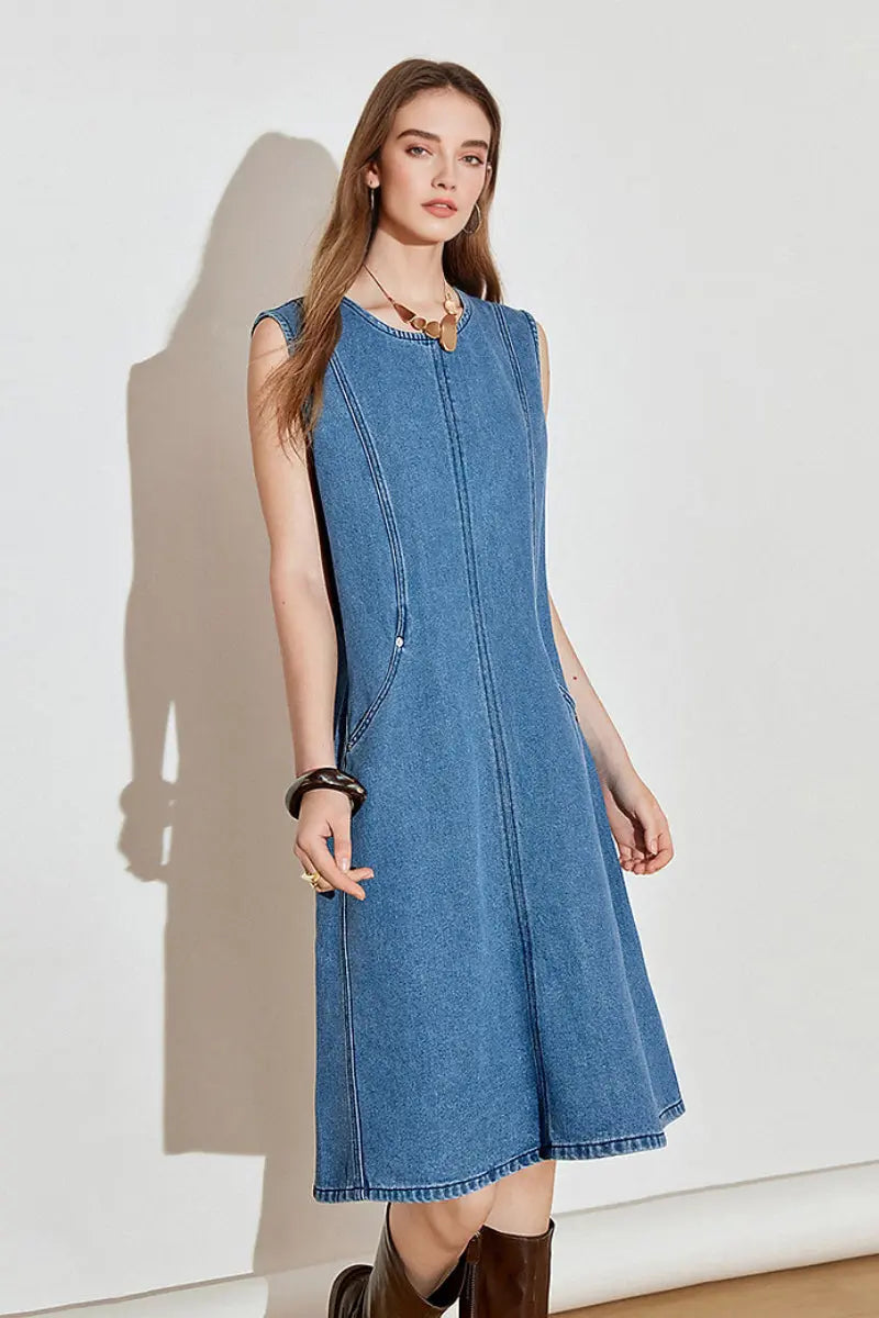 Denim Sleeveless Shift Midi Dress with Pockets