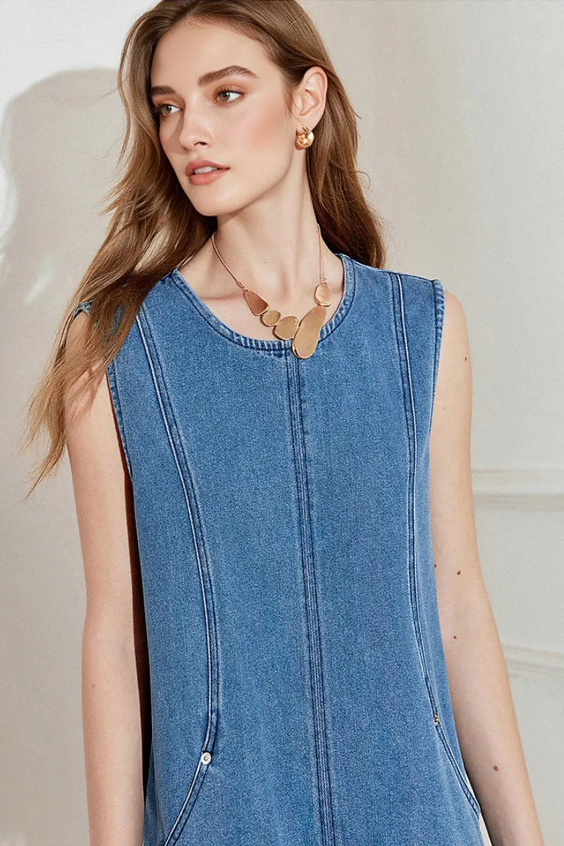Denim Sleeveless Shift Midi Dress with Pockets