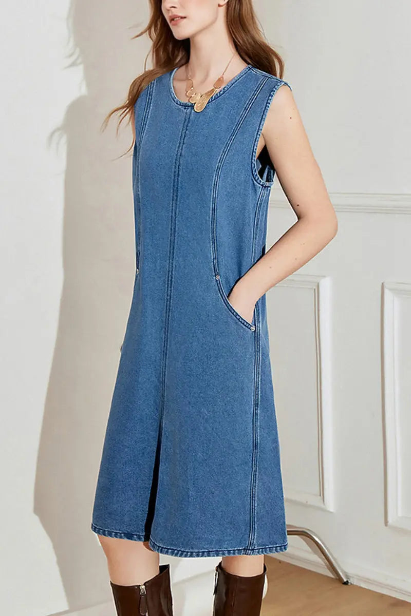 Denim Sleeveless Shift Midi Dress with Pockets