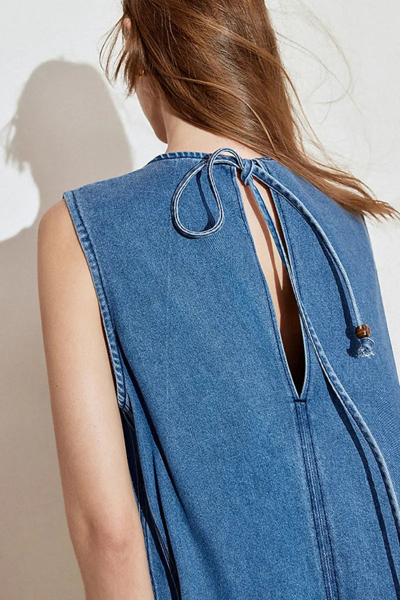 Denim Sleeveless Shift Midi Dress with Pockets