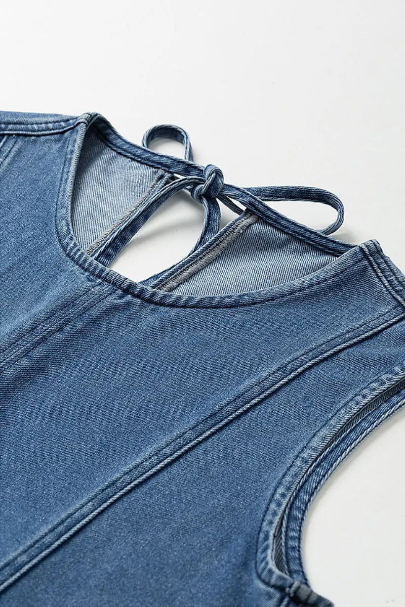 Denim Sleeveless Shift Midi Dress with Pockets