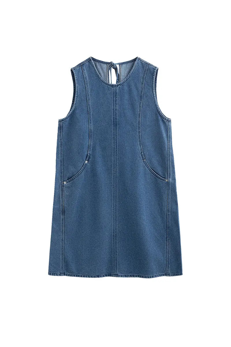 Denim Sleeveless Shift Midi Dress with Pockets