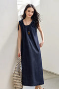 Denim Trapeze Tie-Strap Midi Dress