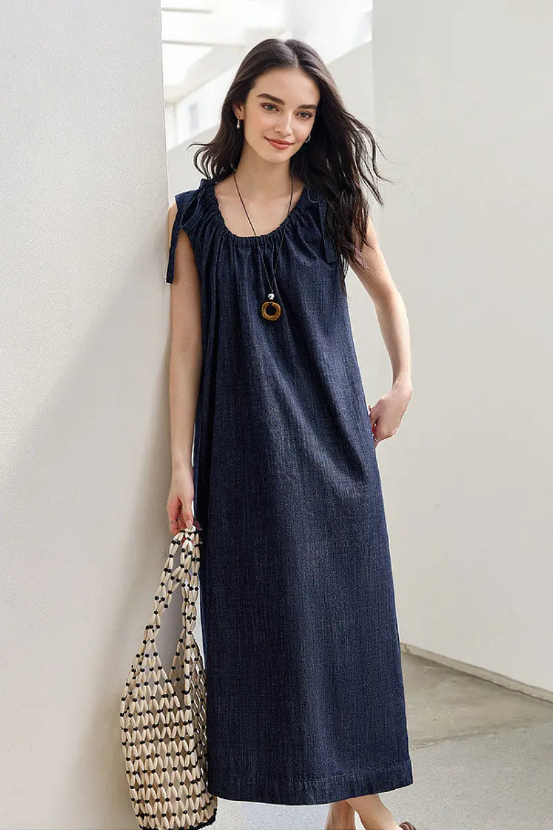 Denim Trapeze Tie-Strap Midi Dress