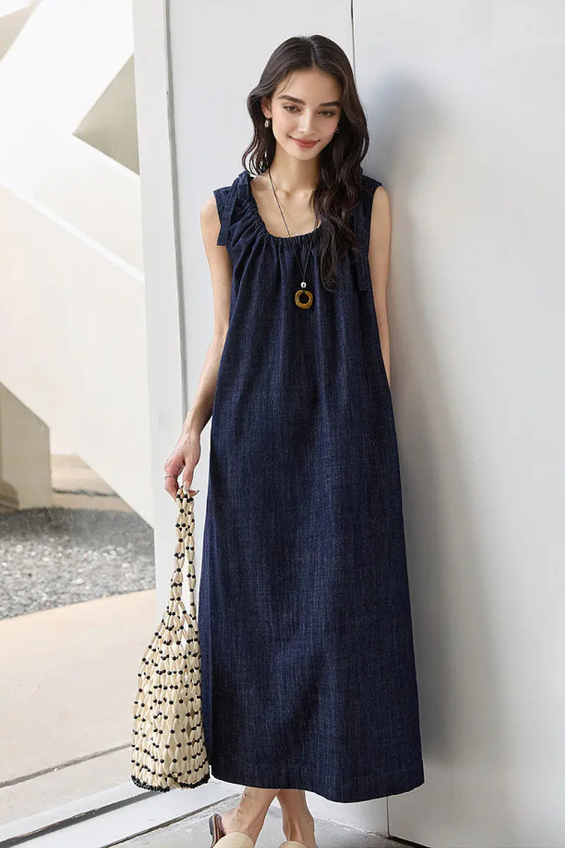 Denim Trapeze Tie-Strap Midi Dress