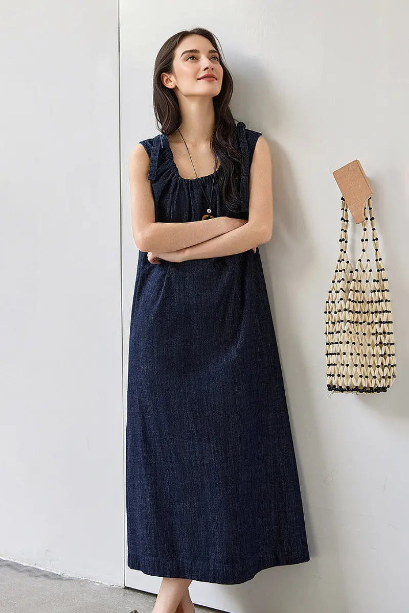 Denim Trapeze Tie-Strap Midi Dress