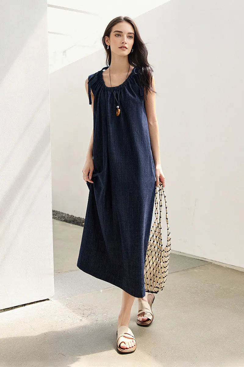 Denim Trapeze Tie-Strap Midi Dress