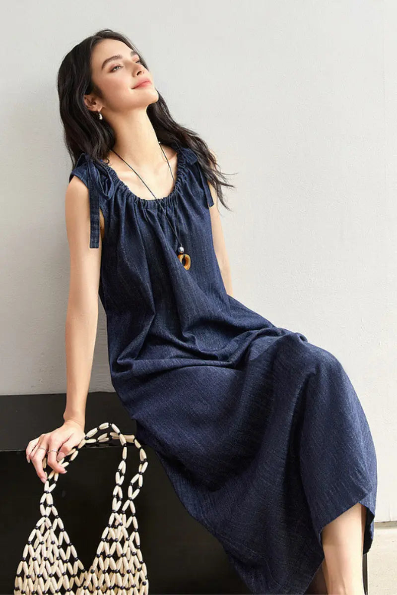 Denim Trapeze Tie-Strap Midi Dress