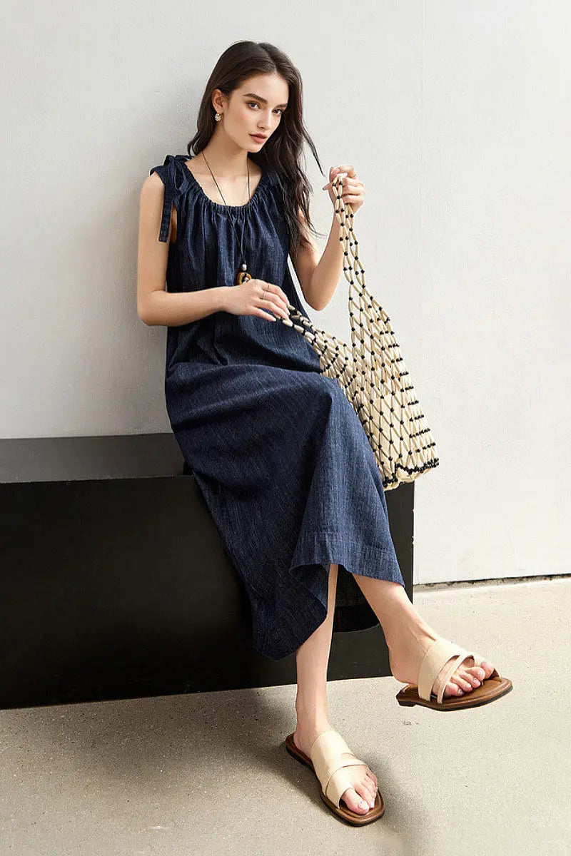 Denim Trapeze Tie-Strap Midi Dress