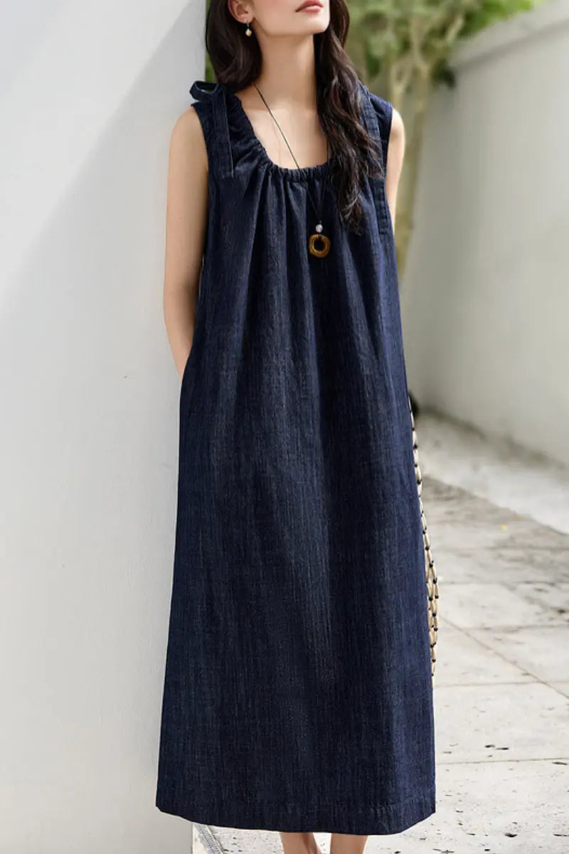 Denim Trapeze Tie-Strap Midi Dress