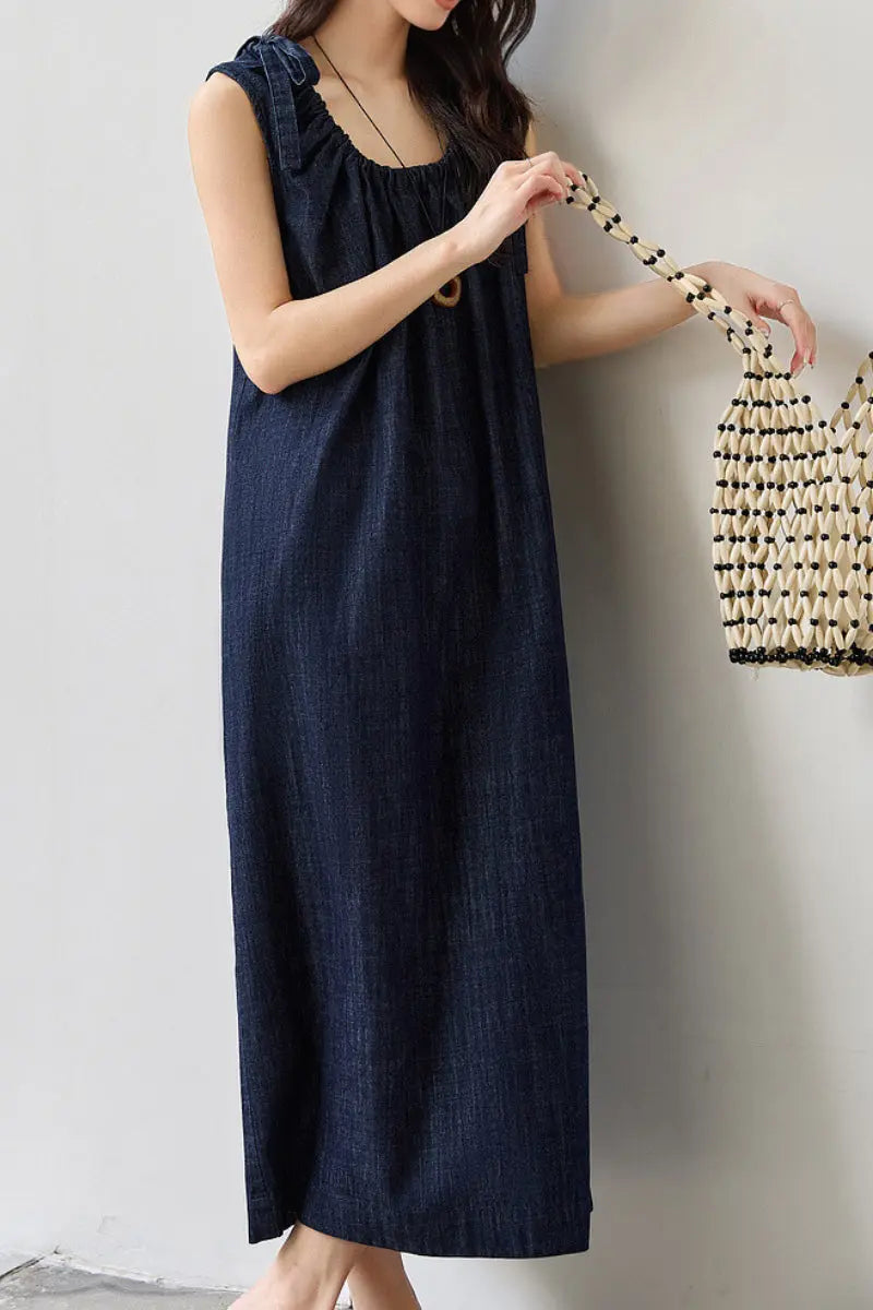 Denim Trapeze Tie-Strap Midi Dress