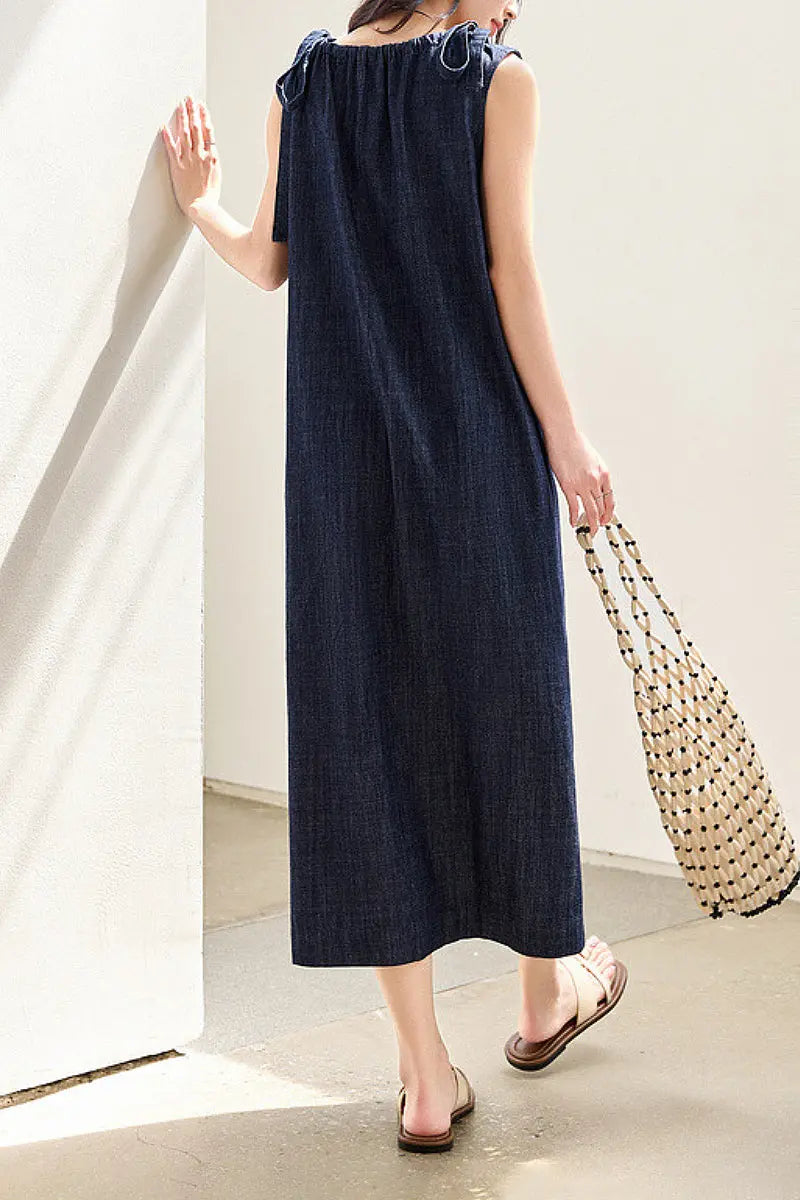 Denim Trapeze Tie-Strap Midi Dress